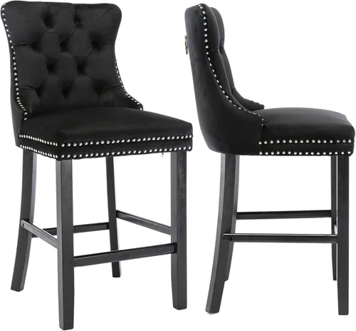 Vista 17 de Taburetes de bar tapizados de terciopelo modernos de 27 pulgadas con patas de madera, botón con cabeza de clavo cromada, taburetes de bar con Beige
