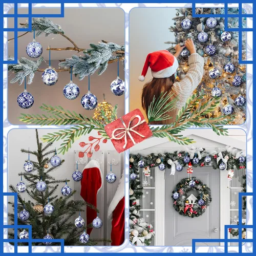 Vista 5 de Poen 12 piezas Adornos de porcelana chinoiserie Adornos de decoración chinoiserie Adornos de bola de plástico azul y blanco con cinta para árbol