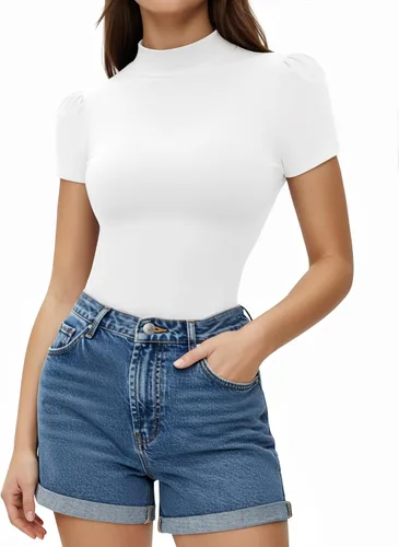 Vista 10 de MANGOPOP - Camiseta de cuello alto falso de manga 3/4 ajustada para mujer 03 Negro