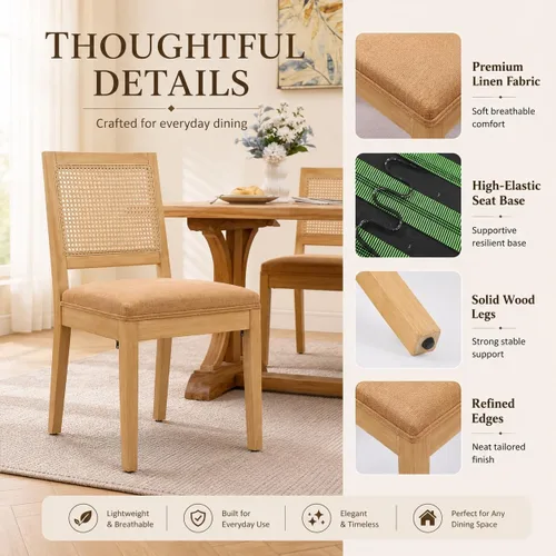 Vista 7 de French Country Dining Chairs Set of 2, Linen Upholstered Cane Back, Amber