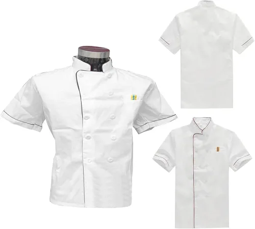 Vista 4 de Chaqueta de chef unisex, de manga corta, doble botonadura, uniforme de trabajo, camiseta de catering, abrigo de chef para cocina, uniforme