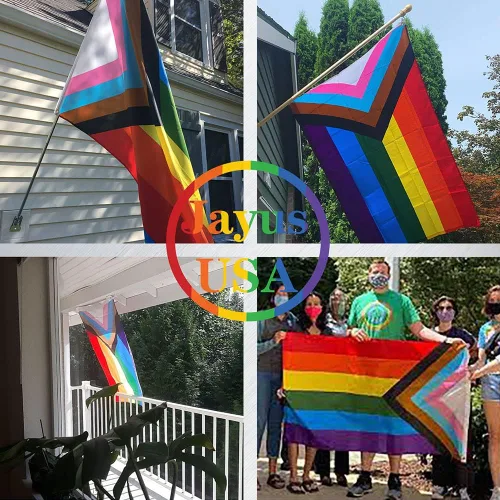 Vista 3 de Jayus Bandera de arco iris de doble cara inclusive Progress Pride de 2 x 3 para exteriores, banderas de arcoíris LGBTQ resistentes con 2 ojales