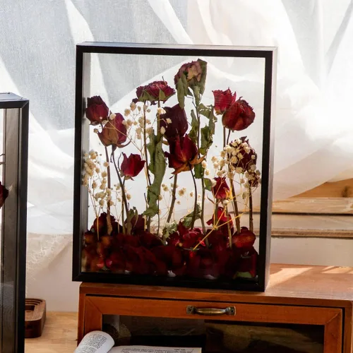 Vista 4 de XIYUAN Soporte de exhibición de flores secas de madera, marco de fotos decorativo flotante, transparente de doble cara, recuerdo de escritorio