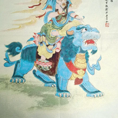 Vista 5 de Seda Embroidey Tibetano Thangka Budismo Bodhisattva Manjusri Tangka Thangka Mural Pintura Fengshui para colgar en la pared para decoración del hogar