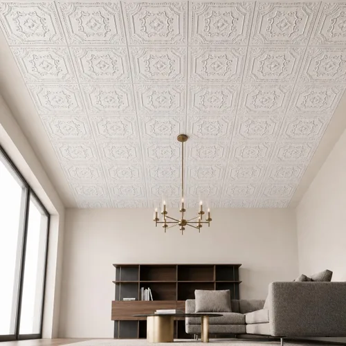 Vista 19 de De normal a hermoso en horas DCT04 Elizabethan Shield - Azulejos de PVC para techo de 2 x 2 pies (cubre 100 pies cuadrados), blanco negro antiguo