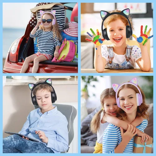 Vista 4 de Auriculares inalámbricos para niños y niñas con orejas de gato, LED que brillan con luces Bluetooth con micrófono para Negro