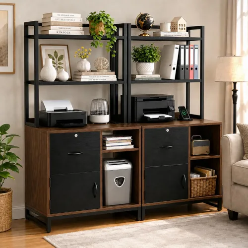Vista 5 de Homieasy Archivador vertical con cerradura y estación de carga, archivador de madera con cajón grande con estantería, soporte de impresora