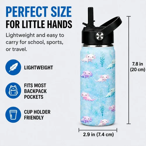 Vista 5 de Botella de agua de 16 onzas para niños, linda botella de acero inoxidable aislada con tapa abatible con popote abatible a prueba de fugas, taza