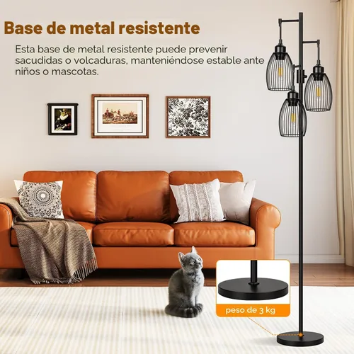 Vista 6 de Lámpara de pie regulable, 3 bombillas LED Edison de 800LM incluidas, lámpara de pie industrial de granja lámpara de árbol de pie con elegante jaula