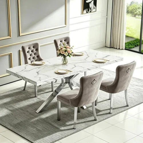 Vista 12 de Henf Mesa de comedor de mármol sintético blanco de 70 pulgadas para 4-6 personas, mesa de cocina rectangular moderna con mesa de mármol sintético