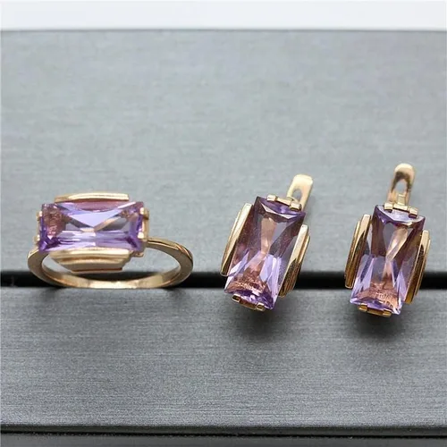 Vista 3 de SAGEKING 2024 New 585 Purple Gold Plated 14K Rose Gold Inlaid Square Amethyst Earrings For Women Romantic Engagement Jewelry Fashion Accessories