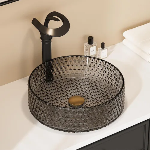 Vista 2 de Fregadero de Vaso de Vidrio Negro Lovedima, Lavabo de Tocador de Baño Sobre Encimera