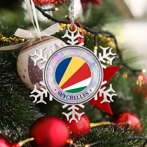 Vista 3 de Bandera de Seychelles - Adorno de Navidad personalizado de Seychelles 2023, recuerdo de viaje de ciudad, adornos de copo de nieve, adornos de metal