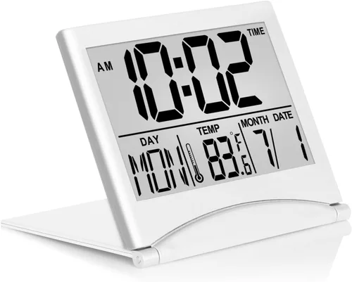 Vista 8 de Betus Reloj despertador digital de viaje, calendario plegable, temperatura y temporizador con repetición, pantalla de números grandes, funciona