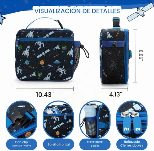 Vista 2 de MEXS Bolsa de almuerzo para niños, lonchera aislada para niñas y niños, lonchera duradera (ajustable) con soporte para botella de agua/forro