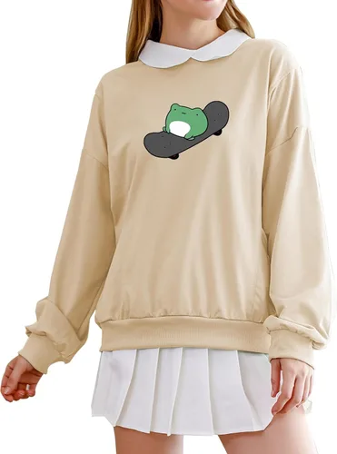 Vista 3 de Sudadera casual de skate de rana para mujer, manga larga, cuello con bolsillo, para adolescentes y niñas