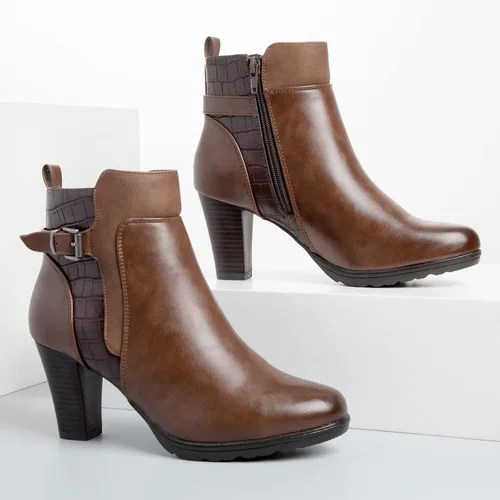 Vista 5 de mysoft - Botines de mujer con cremallera, tacón grueso apilado, botas de tobillo con hebilla y correa en el tobillo Marrón (Brown Buckle)