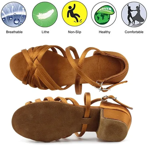 Vista 4 de MSMAX Zapatos de baile latino para niñas, sandalias de baile de salsa de tacón bajo para mujer