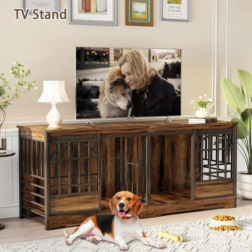 Vista 9 de Mueble de jaula doble para perros de 78 pulgadas, perrera extra grande para interiores con divisor, jaula resistente para perros para 2 perros, casa