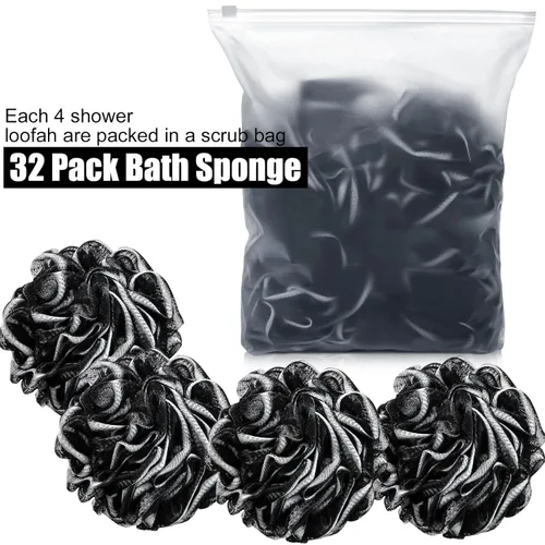 Vista 2 de Shellwei 32 esponjas de baño a granel de esponja de ducha a granel de 2.16 oz para hombres, negro grande de carbón, esponja de ducha de malla