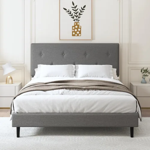 Vista 9 de Marco de cama de lino tamaño matrimonial con cabecero ajustable Beige