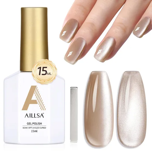 Vista 15 de AILLSA - Esmalte de uñas de gel ojo de gato color marrón con purpurina dorada con imán, esmalte de uñas de gel ámbar destello nude con cristales