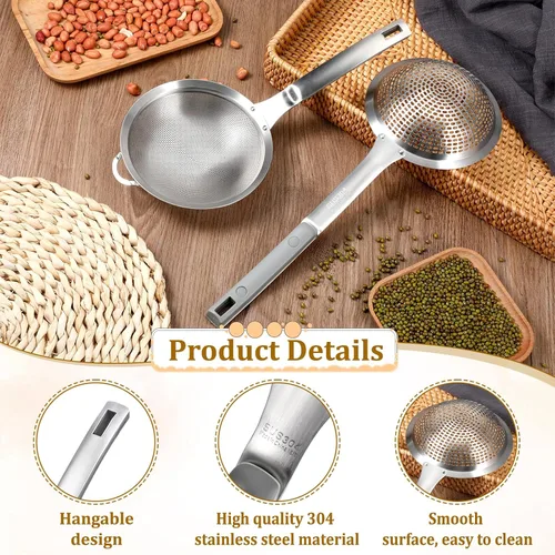 Vista 5 de Juego de 2 cucharas ranuradas con agujeros grandes, colador ranurado con asa, colador de alimentos de malla fina de acero inoxidable, colador
