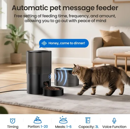 Vista 4 de Alimentador automático para gatos y fuente de agua 5G WiFi dispensadores de comida para gatos, control remoto por aplicación, alimentación
