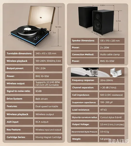 Vista 8 de Vangoa Tocadiscos de vinilo con altavoces estéreo de 40 W, cartucho magnético AT-3600L, placa de aluminio, luz azul, tocadiscos Bluetooth moderno
