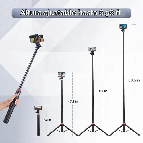 Vista 2 de ULANZI Trípode de 81 pulgadas de alto para cámara y teléfono; soporte de luz de aluminio extensible, trípode de viaje ajustable con tornillo de 1/4