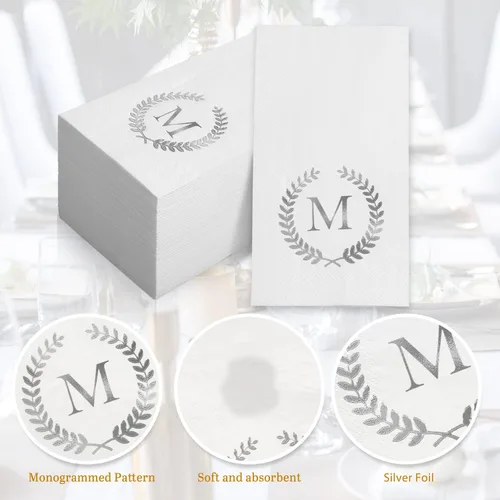 Vista 4 de Paquete de 200 servilletas desechables con monograma de papel de aluminio plateado con letra M, servilletas de mano desechables con inicial