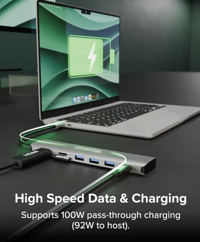 Vista 3 de Concentrador USB-C enchufable 7 en 1 para pantalla HDMI única, concentrador sin controlador, HDMI 4K, 3 USB 3.0, lector SD/microSD, carga de 100 W