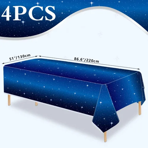 Vista 7 de Juego de 4 manteles de noche estrellada – Mantel rectangular de plástico de 86 x 51 pies, cubierta de mesa temática espacial – Suministros