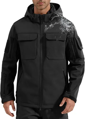 Vista 17 de FREE SOLDIER Chaqueta impermeable Softshell con forro polar para hombre, chaqueta táctica militar con capucha rompevientos