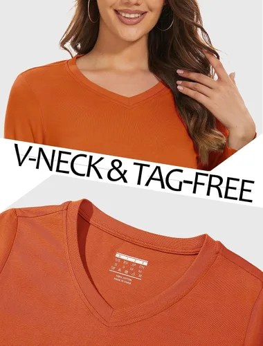 Vista 4 de MAGCOMSEN Camisetas de manga larga con cuello en V para mujer, básicas de algodón, camisetas casuales de ajuste clásico, suaves y transpirables