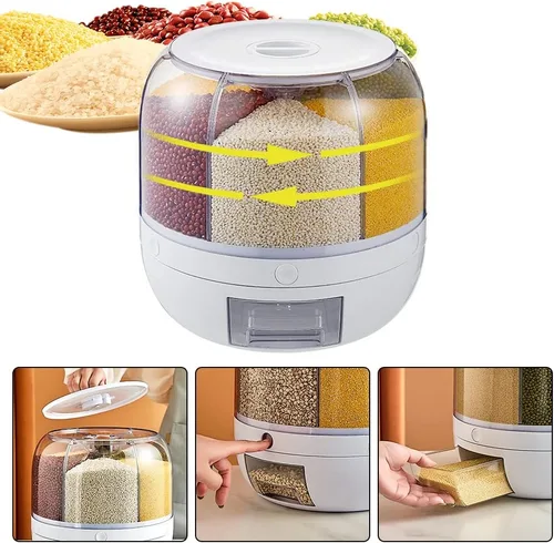 Vista 7 de Dispensador de arroz, dispensador giratorio de alimentos secos de 6 rejillas, cubo dispensador de granos, recipientes para almacenamiento
