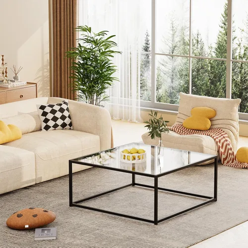 Vista 6 de Mesa de Café de Vidrio Negro para Sala de Estar, Mesas de Café Cuadradas para Espacios Pequeños, Mesas Centro Modernas de Té y Cóctel Simples, Mesas