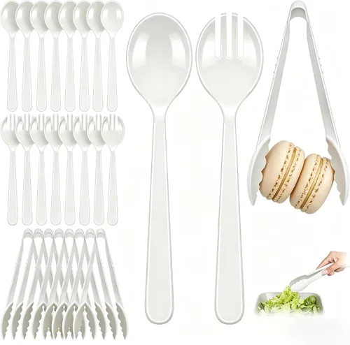 Vista 11 de Juego de 24 utensilios de plástico beige para servir, cucharas, tenedores y pinzas desechables resistentes (8 de cada uno), suministros de catering