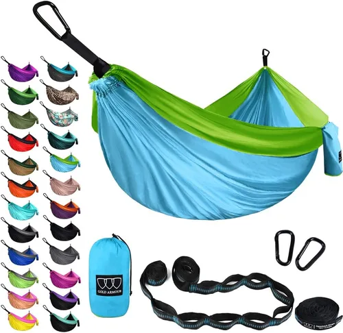 Vista 19 de Gold Armour Hamaca de camping – Hamaca doble XL, hamaca portátil, accesorios de camping, equipo para exteriores e interiores con correas de árbol