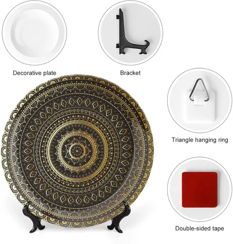 Vista 3 de XISUNYA Plato decorativo de 6 pulgadas, porcelana redonda de mandala dorada, plato de exhibición de estampado floral indio oriental para mesa