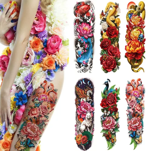 Vista 2 de 6 hojas de tatuajes temporales de brazo completo, impermeables, extra grandes, de calavera negra, rosa, tatuajes temporales para hombres y mujeres