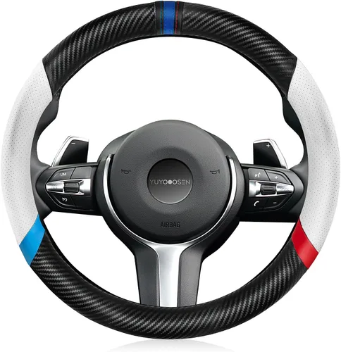 Vista 8 de Funda para volante de fibra de carbono, antideslizante y absorbente de sudor, fundas para volante de 15" para X5 X3, para hombres y mujeres, negra