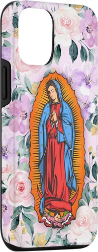 Vista 3 de Funda para iPhone 14 Virgen de Guadalupe versión flores rosas