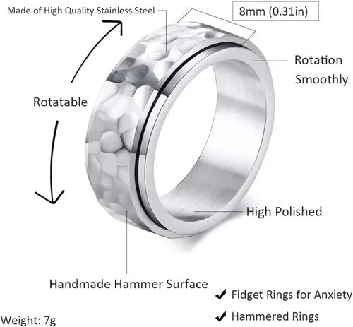 Vista 2 de Nanafast Anillos de ansiedad de acero de titanio de 0.236 in0.315 in para mujeres y hombres, anillos martillados de moda, anillos geniales