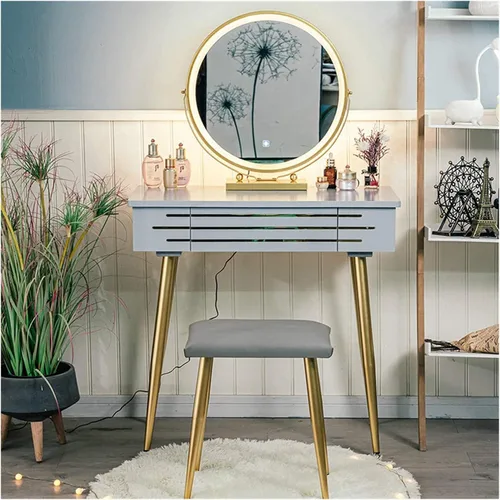 Vista 2 de Juego de mesa de maquillaje, mesa de tocador con pantalla táctil de 3 modos, espejo iluminado ajustable y taburete acolchado, cajón deslizante