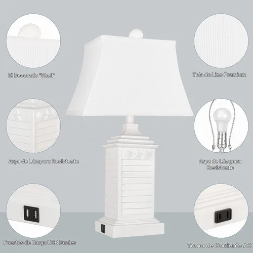 Vista 5 de Hamucd Juego de 2 lámparas de mesa para sala de estar, lámparas de mesita de noche blancas costeras para dormitorio con USB A+C modernas, salida