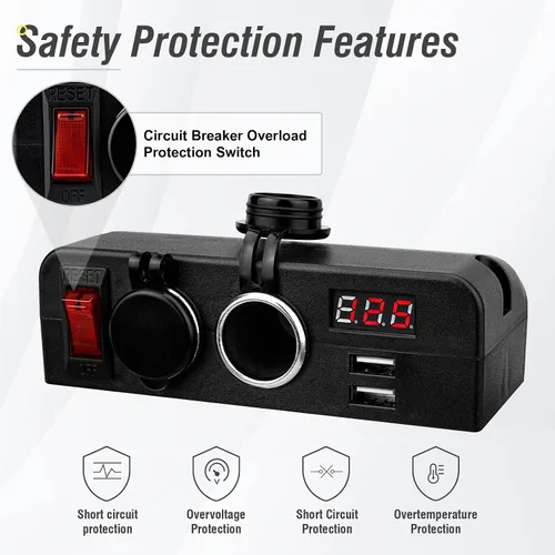 Vista 3 de BlueFire Cargador de enchufe USB doble, adaptador divisor de encendedor de cigarrillos con voltímetro LED, interruptores de encendido/apagado