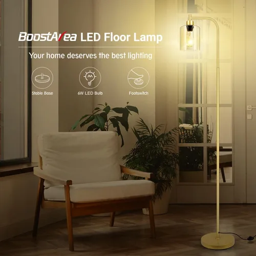 Vista 2 de Lámpara de pie dorada, lámpara de pie con pantalla de cristal, bombilla LED de 6 W incluida, lámpara de pie moderna con interruptor de pie, lámpara