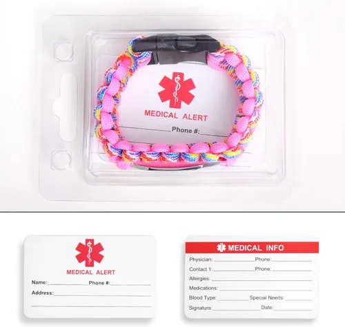 Vista 64 de Pulsera de alerta médica Paracord para hombres y mujeres Pulsera de identificación médica de acero inoxidable con hebillas de liberación lateral
