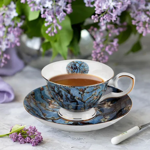 Vista 5 de Juego de 2 Tazas de Té Florales con Platillos, Porcelana de Hueso de 7 oz, Tazas de Té Británicas, Taza de Café de Porcelana para Té de Rosa